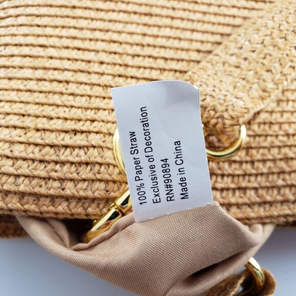 Woven Paper Straw w Metal Trim Purse Tote Beach Bag Green Pink Tan Footed Lined - Picture 10 of 11